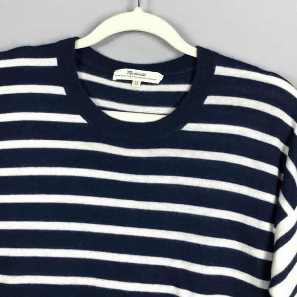 Madewell Cashmere Sweater Tee XS Loose Navy Blue Cream Striped Nautical Casual - Picture 3 of 6